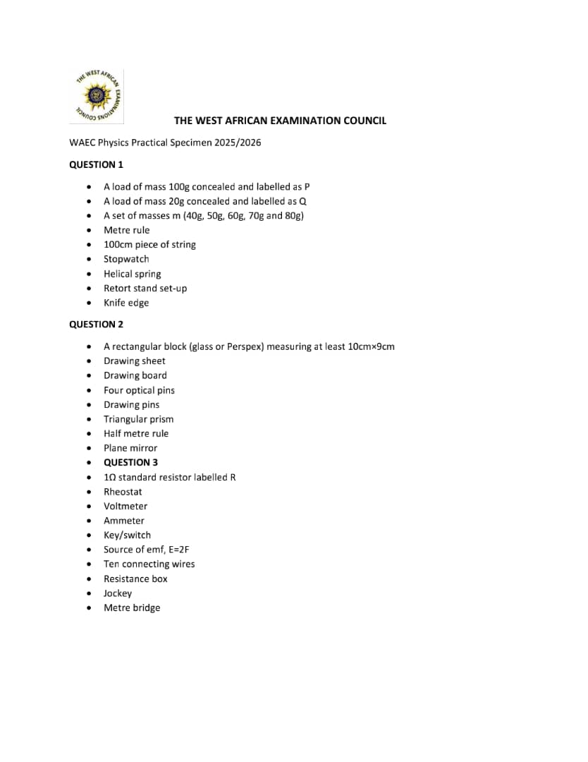 WAEC Physics Practical Questions and Answers