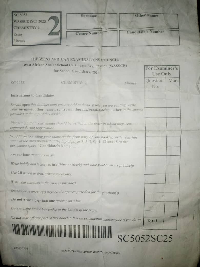 2025 WAEC Chemistry Questions and Answers [Essay and OBJ]