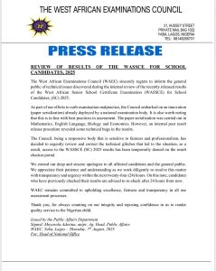 WAEC Apologizes for Technical Glitches in 2025 WASSCE Results